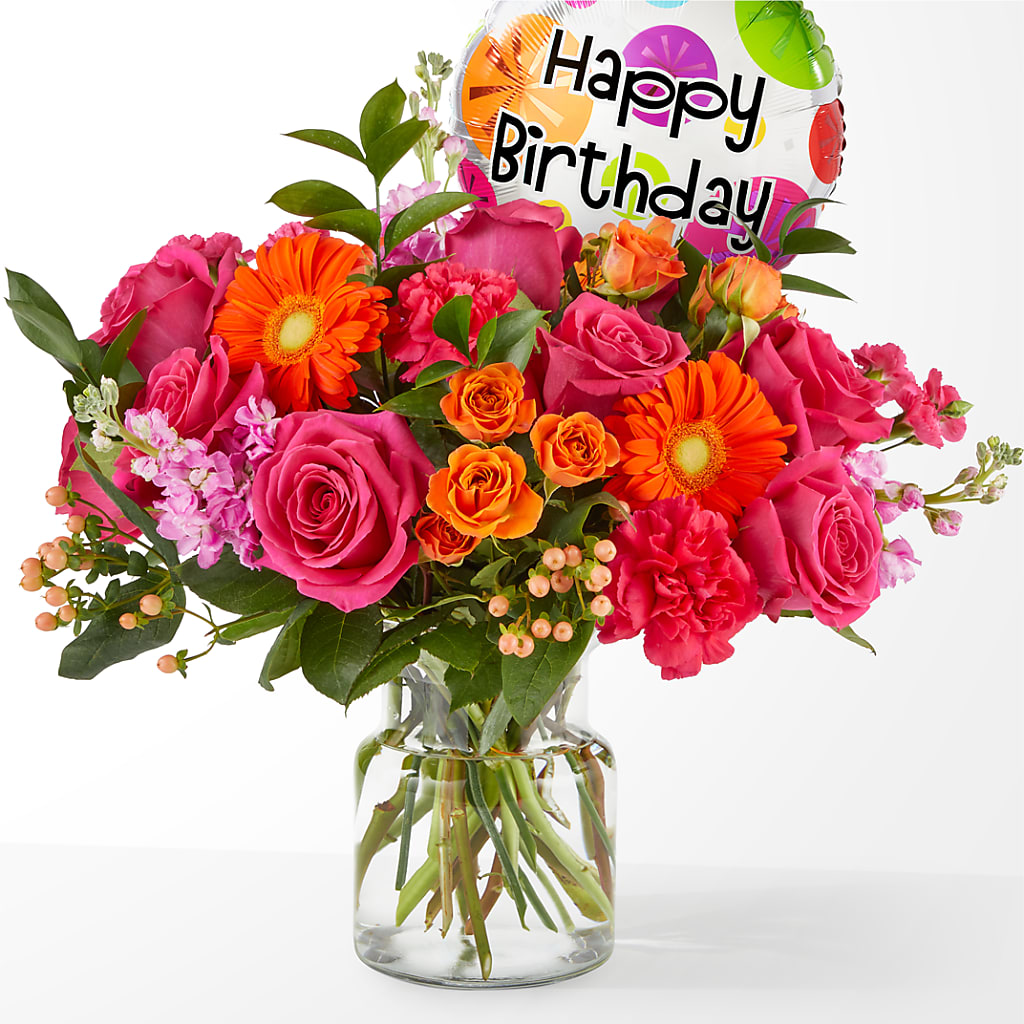 Fiesta Bouquet with Birthday Balloon – ANDREA'S FLOWERS ORLANDO, Orlando FL