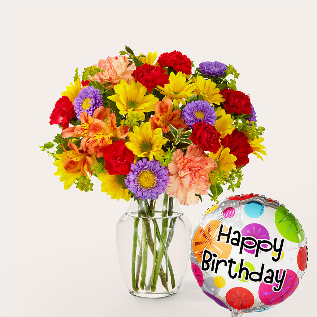 Kaleidoscope Bouquet with Birthday Balloon – ANDREA'S FLOWERS ORLANDO, Orlando FL