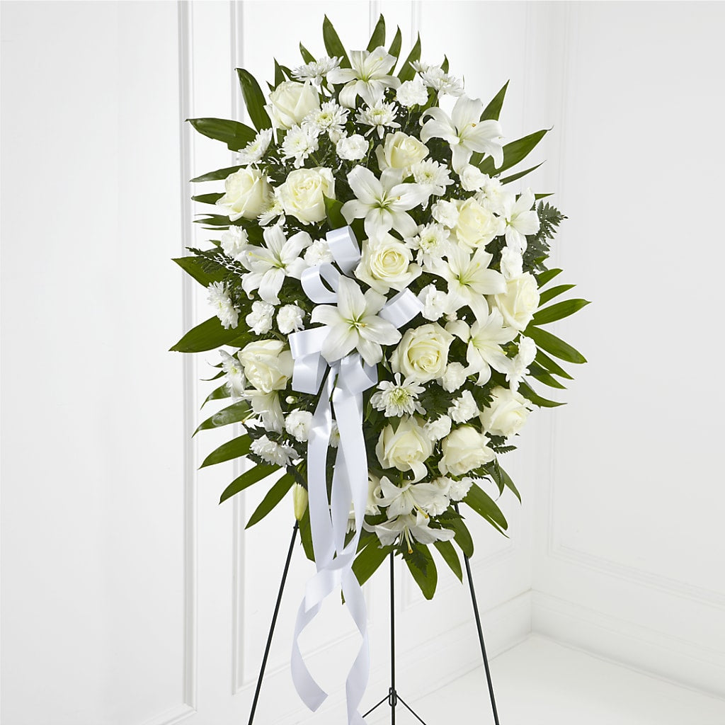 Exquisite Tribute Standing Spray-White Ribbon – ANDREA'S FLOWERS ORLANDO, Orlando FL